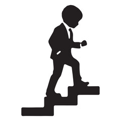Elegant Child Silhouette Logo Walking Up Stairs in Minimalist Professional Vector Style. 