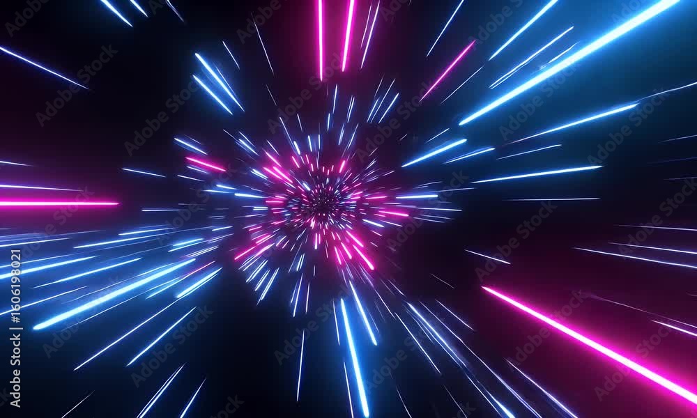 Poster Dynamic Abstract Tunnel With Neon Lines And Bright Colors Against A Dark Background Emphasizing Speed And Energy Flow