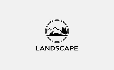 Bear Mountain Landscape Logo Vector Design with Forest Silhouette Badge Emblem for Wildlife Adventure Nature Travel Retro Style Illustration Symbol Graphic Template Isolated Icon