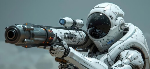 Fototapeta premium A futuristic astronaut aiming a high-tech weapon in a sci-fi setting.