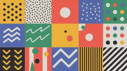 Modern geometric pattern with playful shapes and vibrant colors offers creative design possibilities