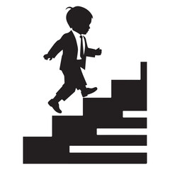 Elegant Child Silhouette Logo Walking Up Stairs in Minimalist Professional Vector Style. 