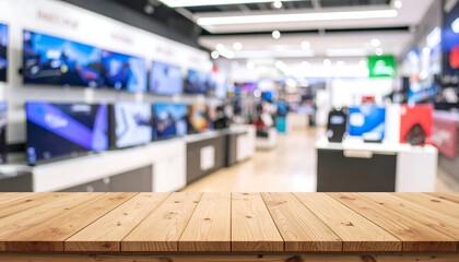 Empty wooden table in front of blurry electronics store (1)