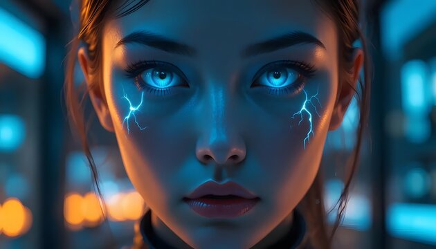 Futuristic cyber girl with glowing eyes and lightning face art ai generated image