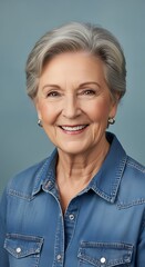 Smiling senior woman wearing a denim shirt.
