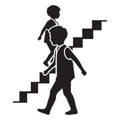 Elegant Child Silhouette Logo Walking Up Stairs in Minimalist Professional Vector Style. 