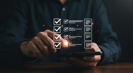 A businessman uses a digital checklist application on his smartphone to manage tasks and improve productivity