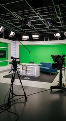 Modern television  with green screen backdrop.