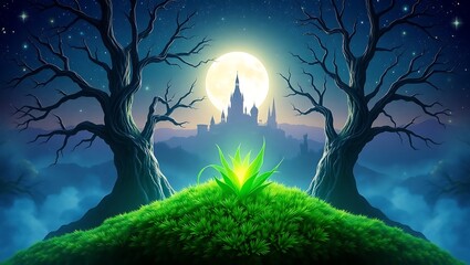 A vibrant green plant on a hill with trees castle and a full moon in a fantasy night landscape