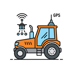 Naklejka premium Modern agricultural technology with a GPS-equipped tractor and flying drone for crop monitoring. Line art icon for smart farming concept.