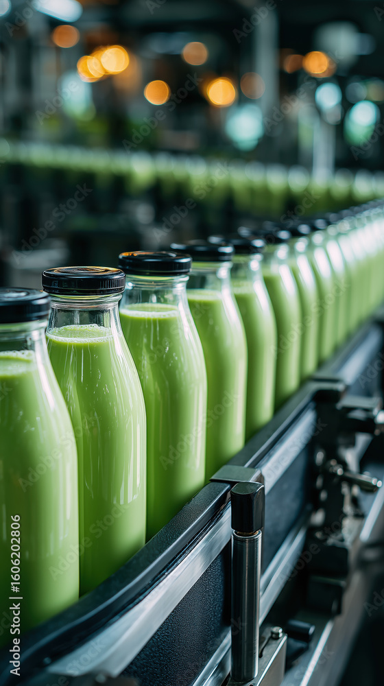 Aufkleber row of glass bottles filled with matcha green tea latte moves along automated bottling line in moder