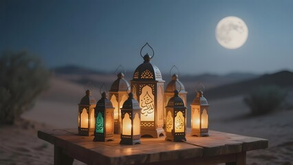 Traditional lanterns glowing on a wooden table under a full moon in a desert setting