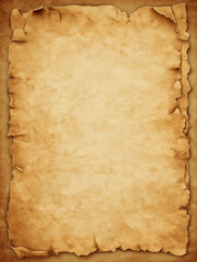 Fototapeta premium A close up of a tan parchment paper with torn edges on a brown backdrop