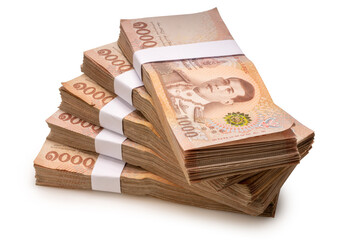 Stacks of Thai thousand-baht banknotes isolated on white background with clipping path. Ideal for concepts of business, trade, finance, investment, corruption, or economic exchange.