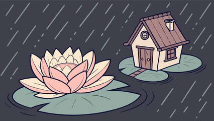 Cartoon house on lily pad in rain illustration vector graphic nature scene water lily flower drawing art