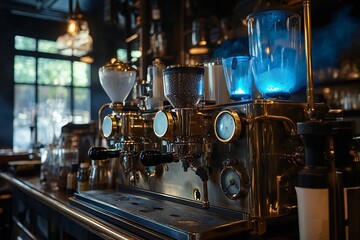 A steampunk-style coffee machine featuring brass pipes, pressure gauges, and glowing blue steam brewing rich espresso in a Victorian cafe setting, created by ai