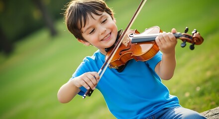 Young boy playing violin outdoors.