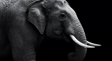 A majestic african elephant with prominent tusks is captured in a striking profile against a stark black background