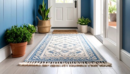 Entryway rug with plants and white door