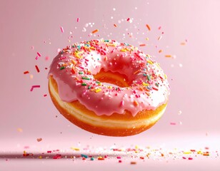 Delicious Pink Frosted Donut with Sprinkles in Mid-Air on Pink Background