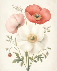 Red, Pink and White Poppy Flower. Vintage background with flowers