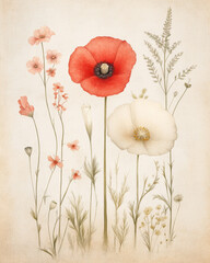 Red and White Poppy Flowers on Grunge Background