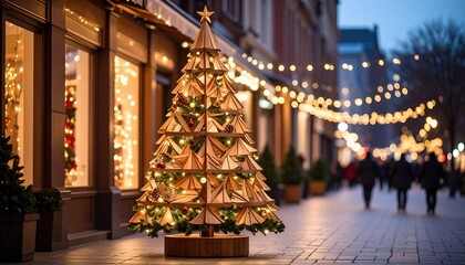 A unique Christmas tree, crafted of wooden panels, stands on a city street at twilight, illuminated by lights