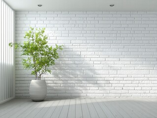 Minimalist Indoor Space Scene, White Brick Wall with Green Plant Pot, for Home Design Display, Interior Decoration Reference, Spatial Aesthetics Material Scenarios