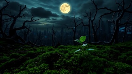 A single plant growing in a dark forest under a full moon with city in the background at night