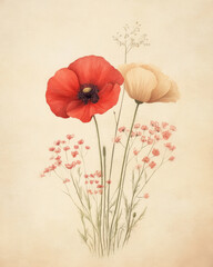 Two poppy flowers on vintage background