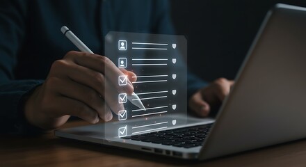 A businessman is completing a digital checklist on his laptop using a stylus for efficient task management