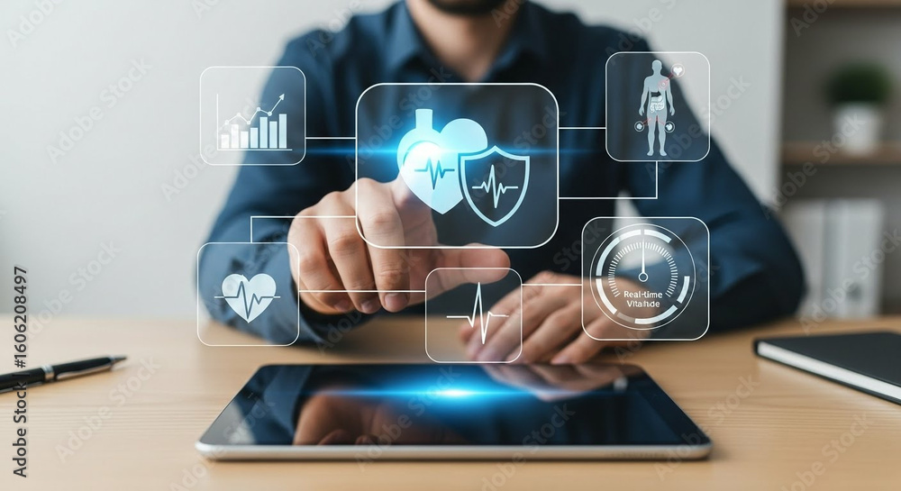 Poster man using tablet interface for digital healthcare solutions and real-time health tracking systems