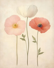 Red, Pink and White Poppy on a vintage background. Botanical Illustration in Vintage Style	