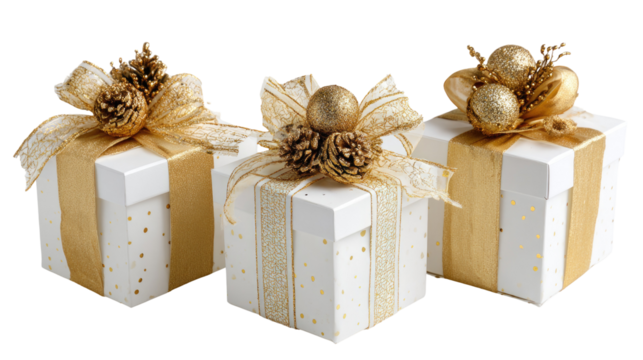  Elegant White Gift Boxes with Gold Ribbons Transparent Background