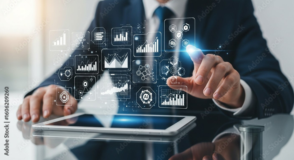 Aufkleber professional interacting with ai-powered financial analytics dashboard on digital tablet in office