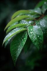 Close-Up of Vibrant Green Leaves with Fresh Water Droplets
