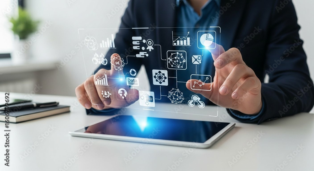 Poster businessman operating futuristic data interface on tablet for strategic analytics and data science