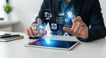 Businessman operating futuristic data interface on tablet for strategic analytics and data science