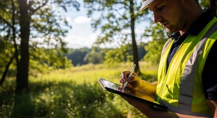 Person using a tablet outdoors in a natural setting.