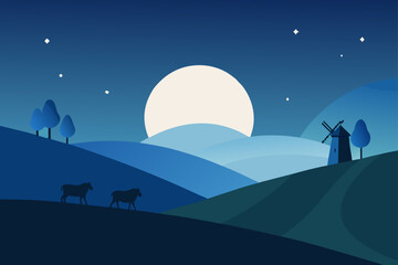 Serene night landscape with moon and windmill