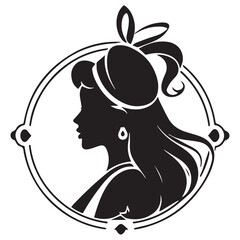 Retro Art Deco Beauty Salon Logo with Elegant Woman in Hat Silhouette and Circular Frame. 