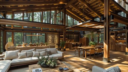 Modern interior with large windows showcasing a lush forest, blending elegance and natural beauty.