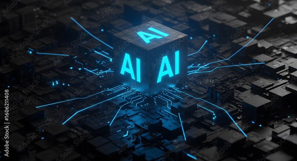 Poster artificial intelligence concept with glowing ai symbol and circuit design