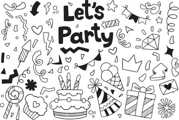 Party Celebration Doodle Poster – Let’s Party, Birthday, Cake, Balloons, Music, Fun, Celebration, Vector, Hand Drawn, Doodle Art, Festive, Invitation, Stars, Hat, Cupcake, Icon, Gift