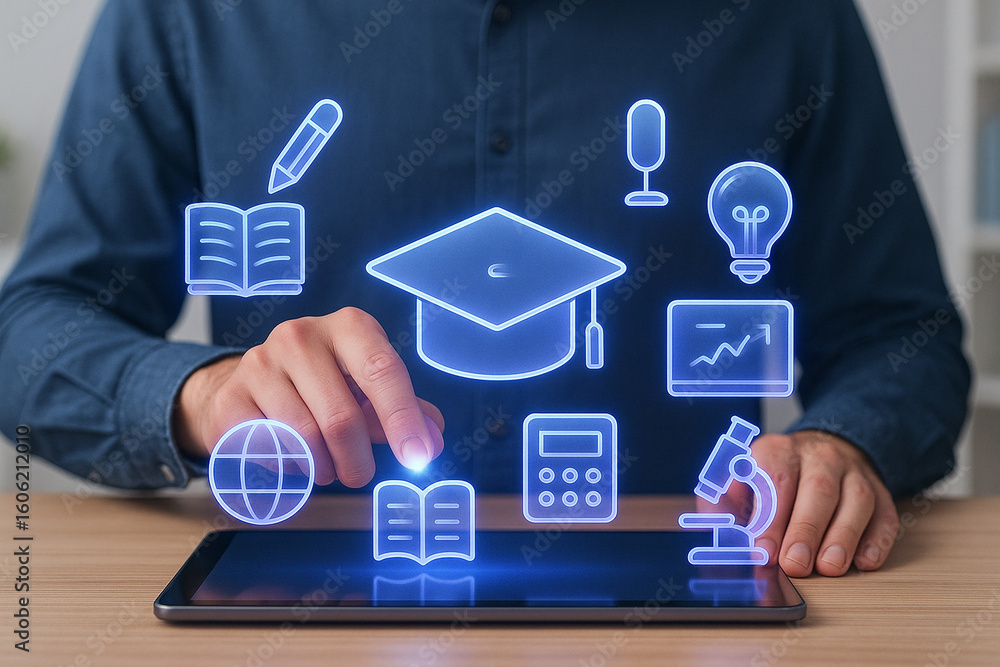 Poster man using digital tablet for online learning and virtual education with interactive icon interface