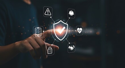 A person is touching a digital shield with a checkmark and other safety icons floating around it