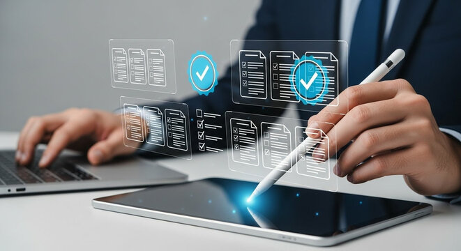 Businessman signing digital documents on tablet with cloud-based data verification icons