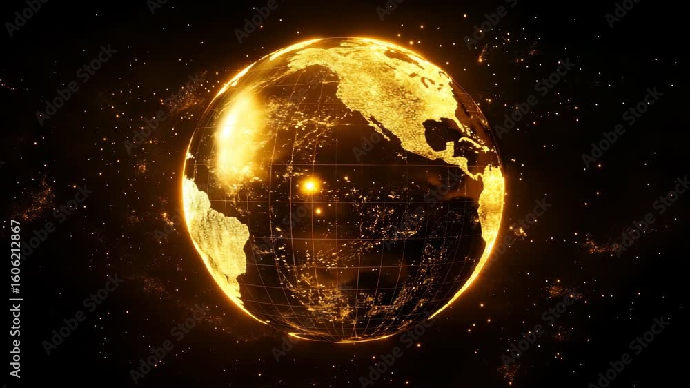 Poster glowing golden small planet earth with sparkling network points in deep space, symbolizing global co