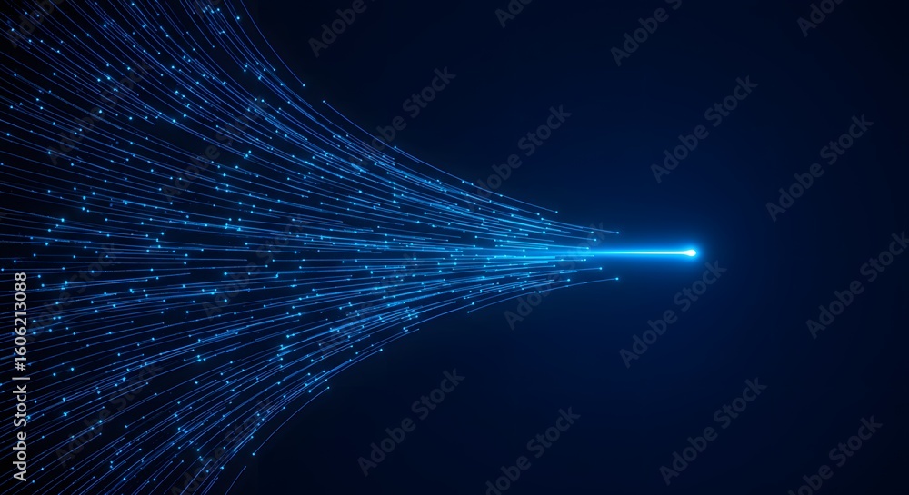 Aufkleber a vibrant stream of glowing blue digital lines and particles converges into a single bright point on