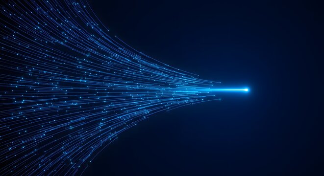A vibrant stream of glowing blue digital lines and particles converges into a single bright point on the right, symbolizing the rapid flow and processing of data and information